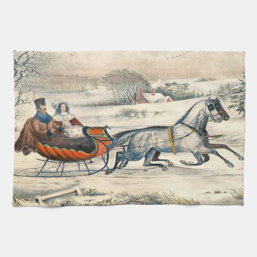 Klassieke 1853 slee-rit Currier Ives winterlandsch Theedoek (Horizontaal)