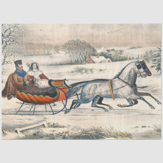 Klassieke 1853 slee-rit Currier Ives winterlandsch Tissuepapier (Voorkant)