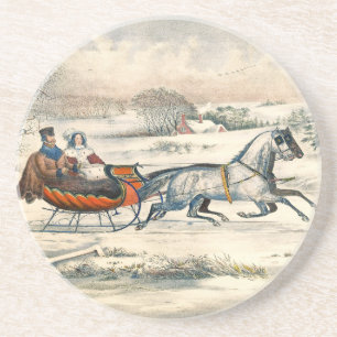 Klassieke 1853 slee-rit Currier Ives winterlandsch Zandsteen Onderzetter