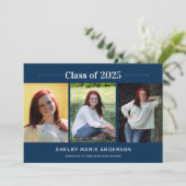 Klassieke 3 Foto's Blue Graduation Party Kaart (Staand voorkant)