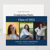 Klassieke 3 Foto's Blue Graduation Party Kaart (Voorkant / Achterkant)