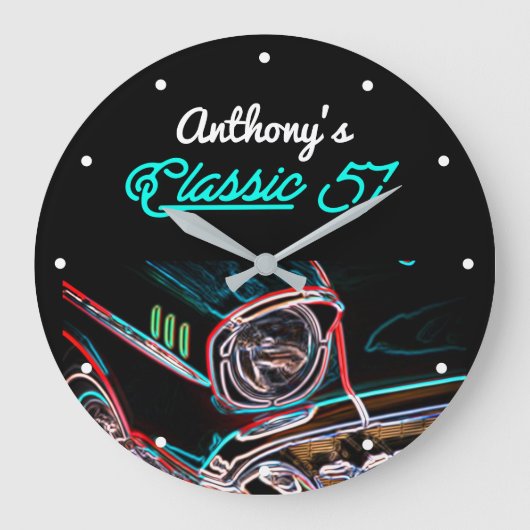Klassieke 57 Chevy Neon Effect Script Black Retro Grote Klok (Voorkant)