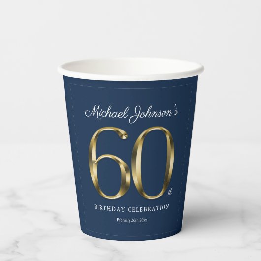 Klassieke 60e verjaardag Solid Gold Text Navy Blue Papieren Bekers (Achterkant)