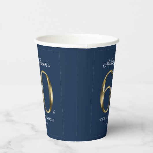 Klassieke 60e verjaardag Solid Gold Text Navy Blue Papieren Bekers (Rechts)