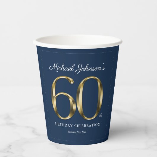 Klassieke 60e verjaardag Solid Gold Text Navy Blue Papieren Bekers (Voorkant)