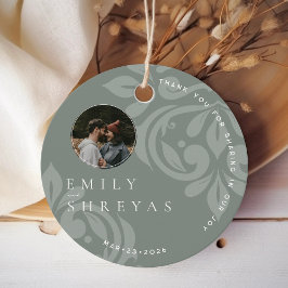 Klassieke Aardse Olijf Damast Foto Trouwronde Bedankjes Labels