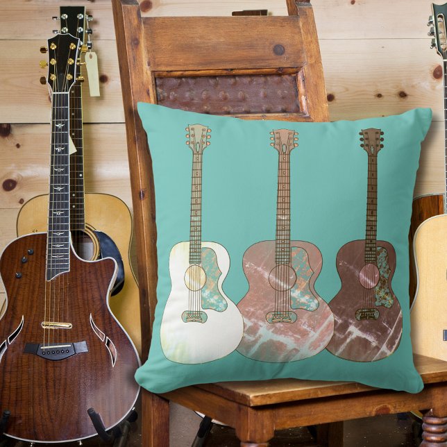 Klassieke akoestische gitaren Rustisch  Instrument Kussen (Acoustic guitar pattern rustic vintage brown and teal pillow)