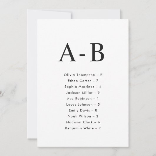 Klassieke Alfabetische Wedding Zitting Chart Kaart (Voorkant)
