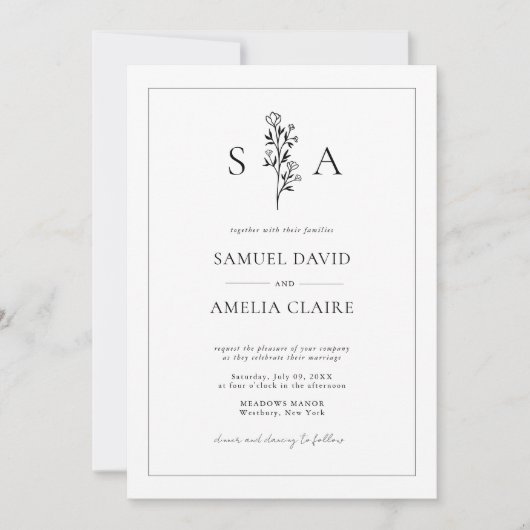 Klassieke All-in-One Bloemen Zwart Wit Trouwen Kaart (Voorkant)