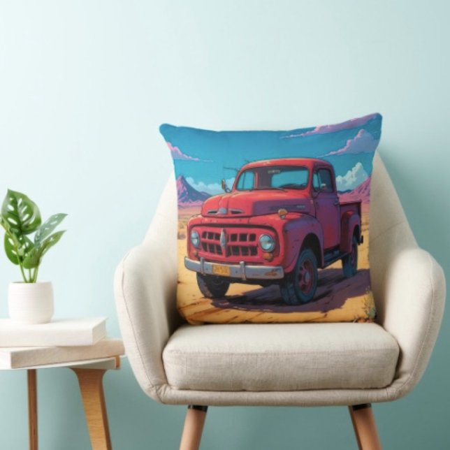 Klassieke Amerikaanse pick-up  Kussen (Retro Red Pickup Truck pillow high quality 100% polyester hidden zipper enclosure. Made in the USA. )
