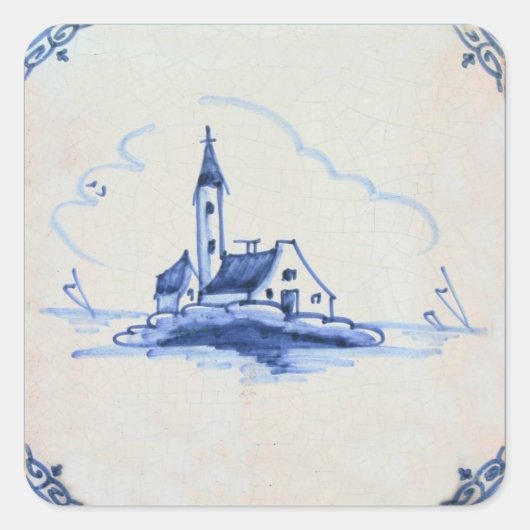 Klassieke antiquarian Delft Blue Tegel - Kerk Vierkante Sticker (Voorkant)