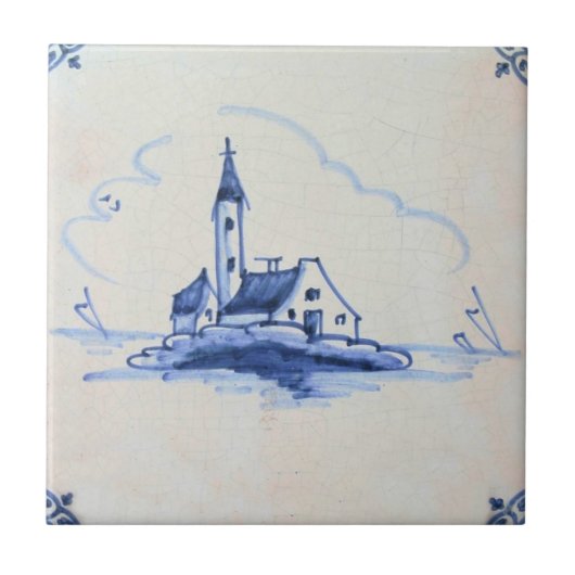 Klassieke antiquarian Delft Blue Tile - Church Tegeltje (Voorkant)