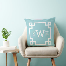 Klassieke Aqua Griekse Sleutel Monogram Eerste Let Kussen