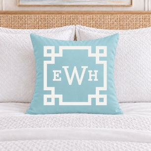 Klassieke Aqua Griekse Sleutel Monogram Eerste Let Kussen