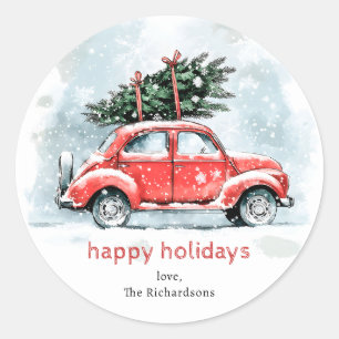 Klassieke Aquarel Rode Auto Kerstboom Vakantie Ronde Sticker
