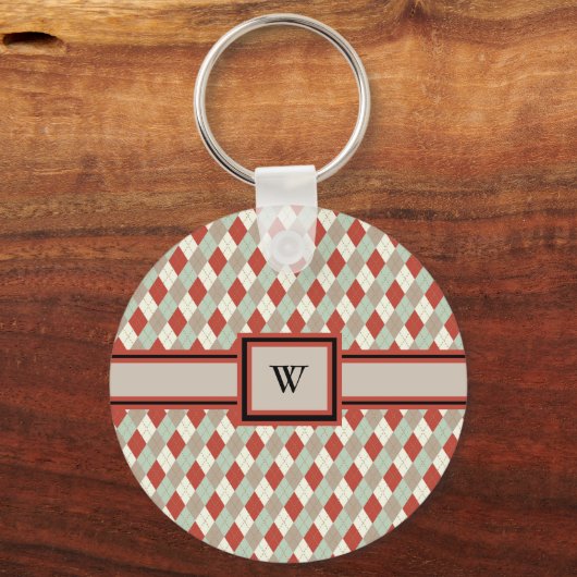 Klassieke Argyle, Rood Tan Groen Crème Monogram Sleutelhanger (Achterkant)