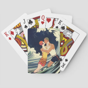 Klassieke Art Deco geliefden kussen in de golven b Pokerkaarten