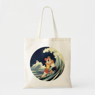 Klassieke Art Deco-liefhebbers kussen in de golven Tote Bag