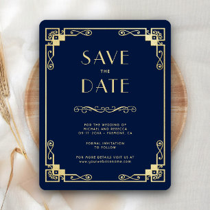 Klassieke Art Deco Navy Blauwe Gouden Trouwfoto Save The Date