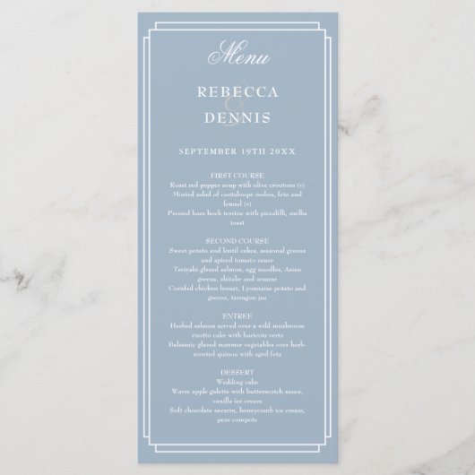 Klassieke Art Deco Stofblauwe Bruiloft Menu (Voorkant)