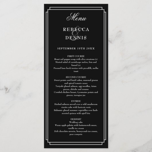 Klassieke Art Deco zwart-wit bruiloft Menu (Voorkant)