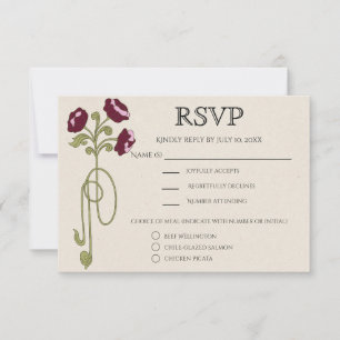 Klassieke Art Nouveau bordeauxroze bloemen maaltij RSVP Kaartje