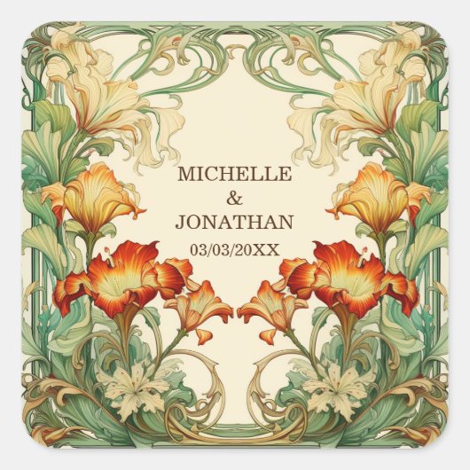 Klassieke Art Nouveau Botanische Mucha Dank Je Vierkante Sticker (Voorkant)