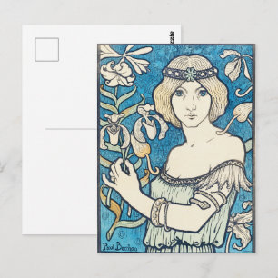 Klassieke Art Nouveau Vrouw Blauw Bloem Motief Pos Briefkaart