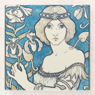 Klassieke Art Nouveau Vrouw Blauw Bloem Motief Pos Glazen Onderzetter