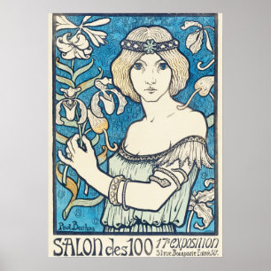 Klassieke Art Nouveau Vrouw Blauw Bloem Motief Pos Poster