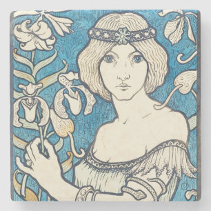 Klassieke Art Nouveau Vrouw Blauw Bloem Motief Pos Stenen Onderzetter