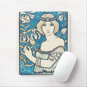 Klassieke Art Nouveau-vrouw blauw bloemmotief post Muismat