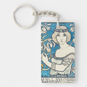 Klassieke Art Nouveau-vrouw Blauwe Bloemenposterpr Sleutelhanger