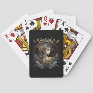 Klassieke Art Nouveau Whimsigoth-vrouw in Teal en Pokerkaarten
