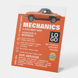 Klassieke auto-, automonteur- en reparatie-adverte reclamebord met voetstuk