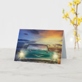 KLASSIEKE AUTO BLAUW VOOR HEM VERJAARDAGSKAARTEN KAART (Gele Bloem)