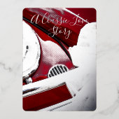 Klassieke auto en liefdesverhaal bruiloft rood wit folie uitnodiging (Voorkant)