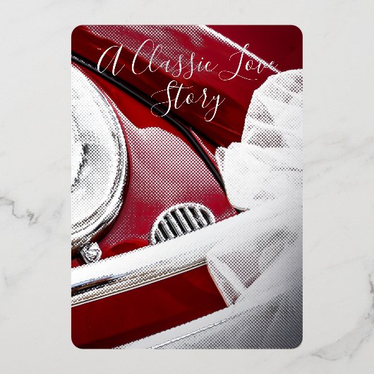Klassieke auto en liefdesverhaal bruiloft rood wit folie uitnodiging (Voorkant)