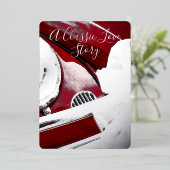 Klassieke auto en liefdesverhaal bruiloft rood wit folie uitnodiging (Staand Voorkant)