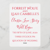 Klassieke auto en liefdesverhaal bruiloft rood wit folie uitnodiging (Achterkant)