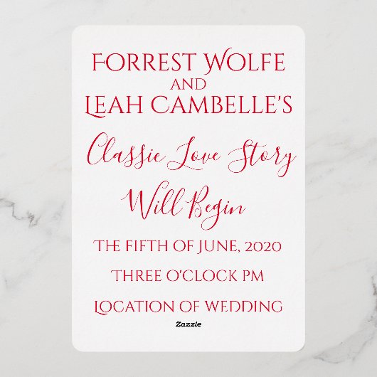 Klassieke auto en liefdesverhaal bruiloft rood wit folie uitnodiging (Achterkant)