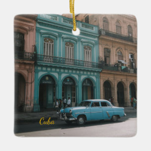 Klassieke auto in oude Havana Cuba Koloniaal Teal Keramisch Ornament