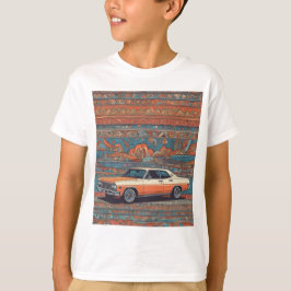 Klassieke auto met blauw en oranje patroon t-shirt