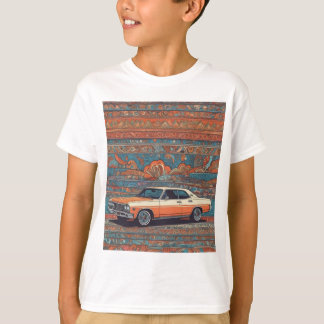 Klassieke auto met blauw en oranje patroon t-shirt