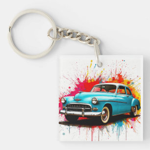 Klassieke auto met kleurrijke verfspatten sleutelhanger