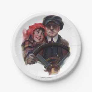 Klassieke auto romantische winter vintage illustra papieren bordje