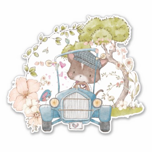 Klassieke auto Schattige kat rijdt Tuin Baby jonge Sticker (Voorkant)