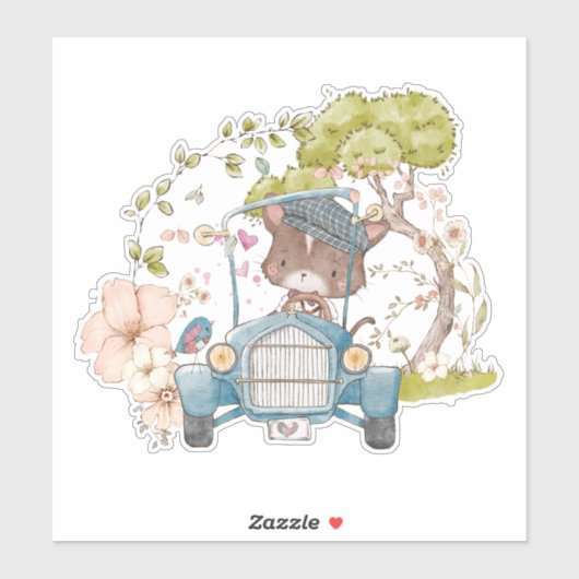 Klassieke auto Schattige kat rijdt Tuin Baby jonge Sticker (Vel)