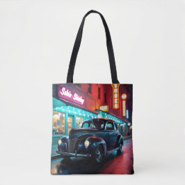Klassieke auto uit de jaren 40 onder neonlicht tote bag