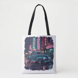 Klassieke auto uit de jaren 40 onder neonlicht tote bag